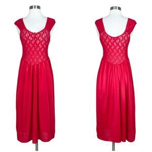 Vintage | 90s Gloria Vanderbilt Red Lace Satin Rosette Midi Slip Lingerie Dress